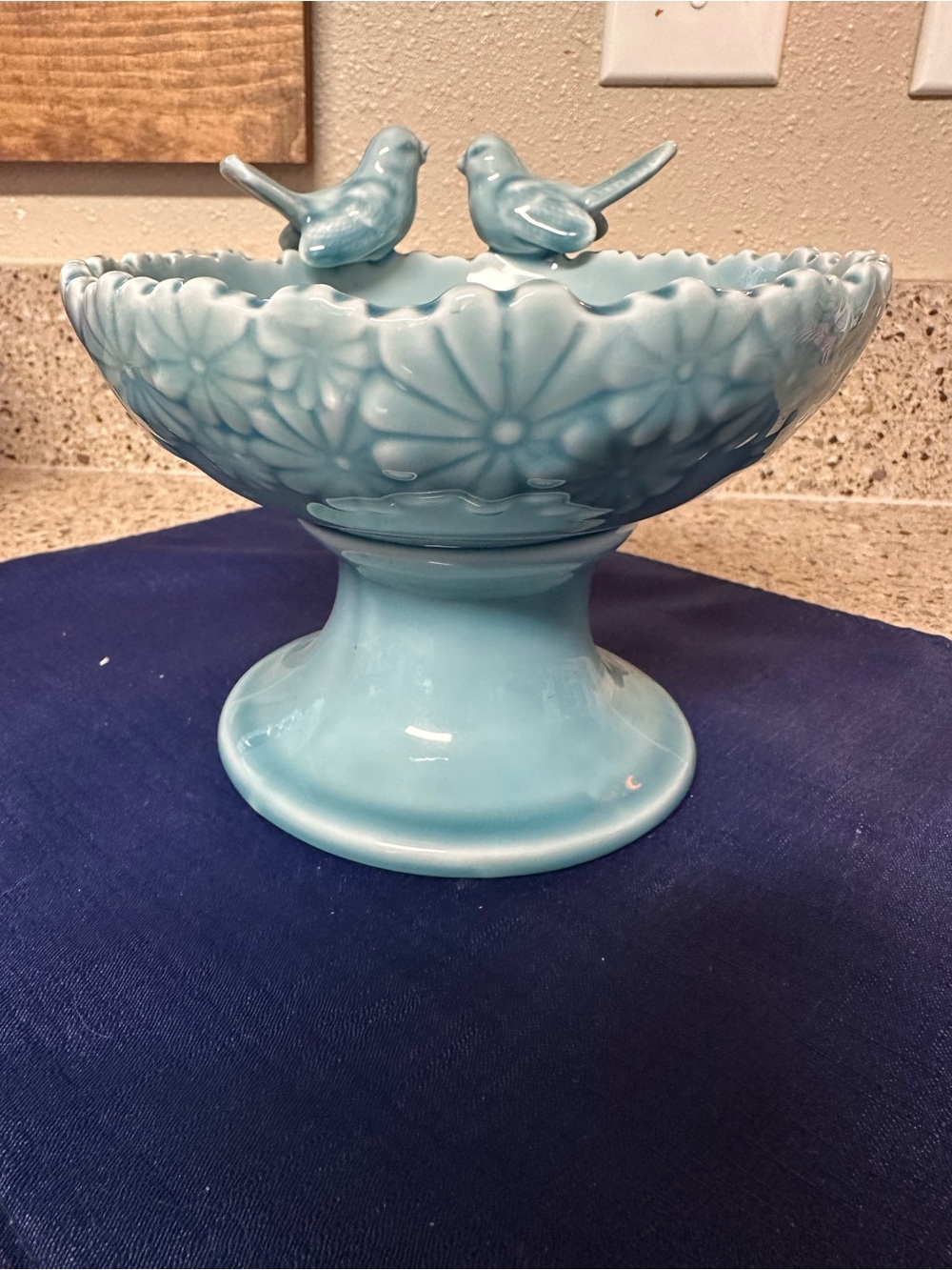Ceramic Blue Pedestal Bowl with Bird Accent